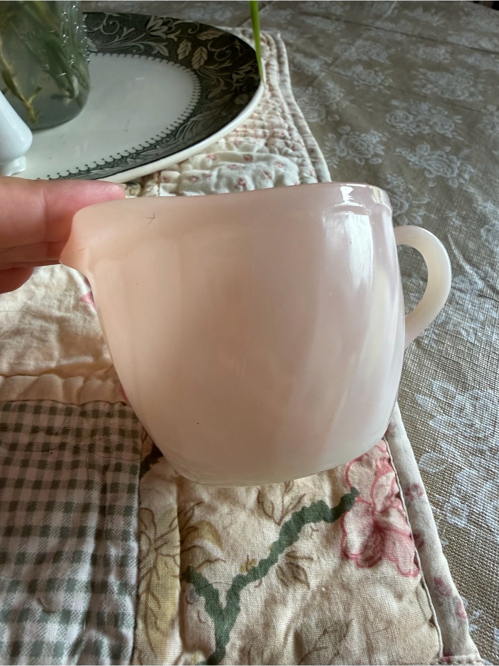 Fire king wate Blush Pink and white Glass Creamer Pitcher -